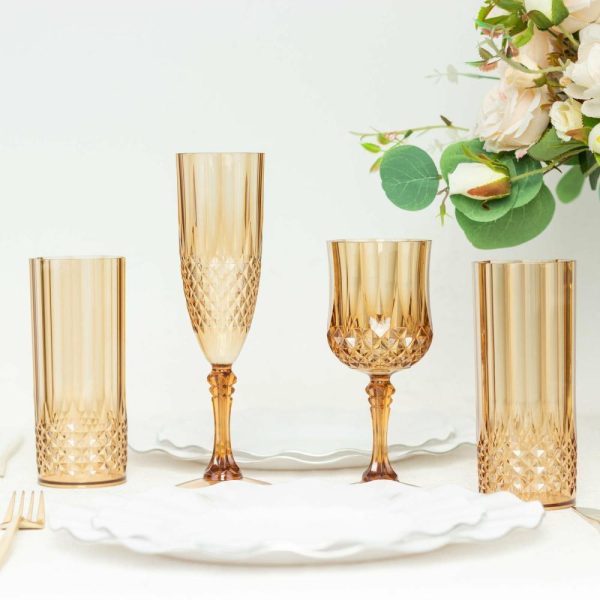 Disposable Flutes / Glasses / Cups |  6 Pack 8oz Amber Gold Crystal Cut Reusable Plastic Cocktail Goblets, Shatterproof Wine Glasses