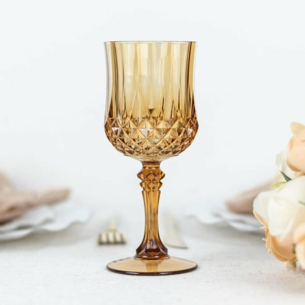 Disposable Flutes / Glasses / Cups |  6 Pack 8oz Amber Gold Crystal Cut Reusable Plastic Cocktail Goblets, Shatterproof Wine Glasses