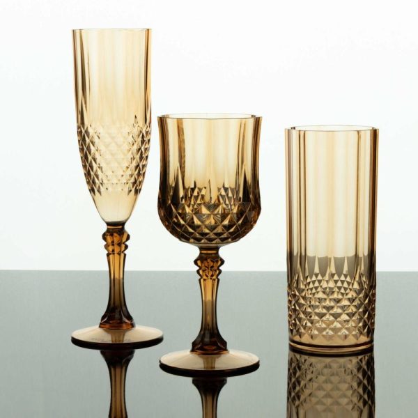 Disposable Flutes / Glasses / Cups |  6 Pack 8oz Amber Gold Crystal Cut Reusable Plastic Cocktail Goblets, Shatterproof Wine Glasses