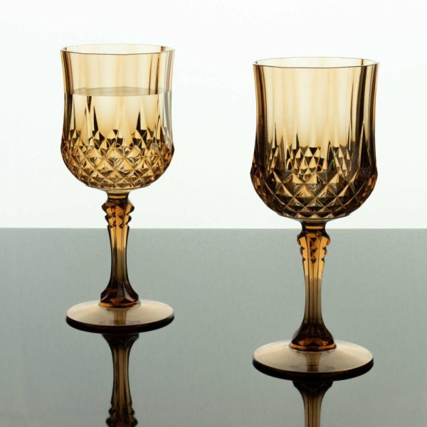 Disposable Flutes / Glasses / Cups |  6 Pack 8oz Amber Gold Crystal Cut Reusable Plastic Cocktail Goblets, Shatterproof Wine Glasses