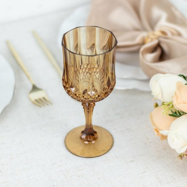 Disposable Flutes / Glasses / Cups |  6 Pack 8oz Amber Gold Crystal Cut Reusable Plastic Cocktail Goblets, Shatterproof Wine Glasses