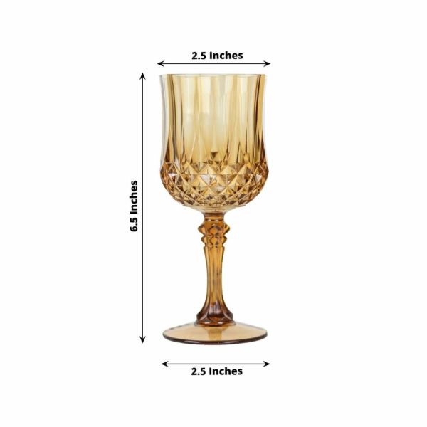 Disposable Flutes / Glasses / Cups |  6 Pack 8oz Amber Gold Crystal Cut Reusable Plastic Cocktail Goblets, Shatterproof Wine Glasses