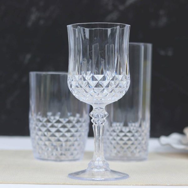 Disposable Flutes / Glasses / Cups |  6 Pack 8oz Clear Crystal Cut Reusable Plastic Cocktail Goblets, Shatterproof Wine Glasses