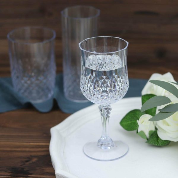 Disposable Flutes / Glasses / Cups |  6 Pack 8oz Clear Crystal Cut Reusable Plastic Cocktail Goblets, Shatterproof Wine Glasses