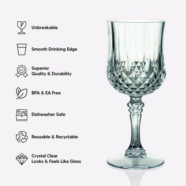 Disposable Flutes / Glasses / Cups |  6 Pack 8oz Clear Crystal Cut Reusable Plastic Cocktail Goblets, Shatterproof Wine Glasses