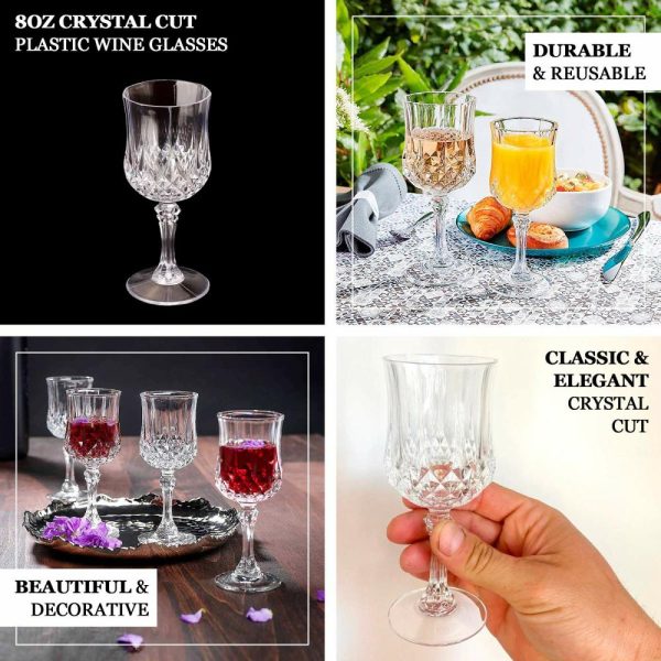 Disposable Flutes / Glasses / Cups |  6 Pack 8oz Clear Crystal Cut Reusable Plastic Cocktail Goblets, Shatterproof Wine Glasses