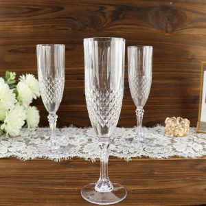 Disposable Flutes / Glasses / Cups |  6 Pack 8oz Clear Crystal Cut Reusable Plastic Wedding Flute Glasses, Shatterproof Champagne Toast Glasses