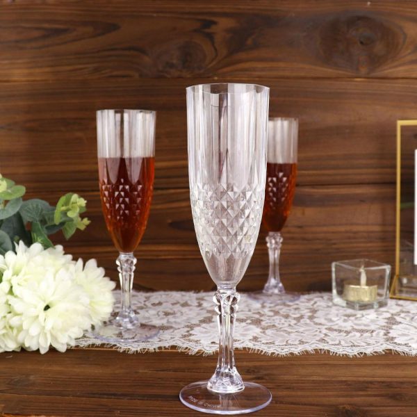 Disposable Flutes / Glasses / Cups |  6 Pack 8oz Clear Crystal Cut Reusable Plastic Wedding Flute Glasses, Shatterproof Champagne Toast Glasses