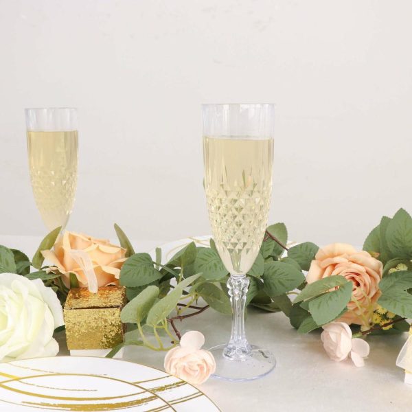 Disposable Flutes / Glasses / Cups |  6 Pack 8oz Clear Crystal Cut Reusable Plastic Wedding Flute Glasses, Shatterproof Champagne Toast Glasses