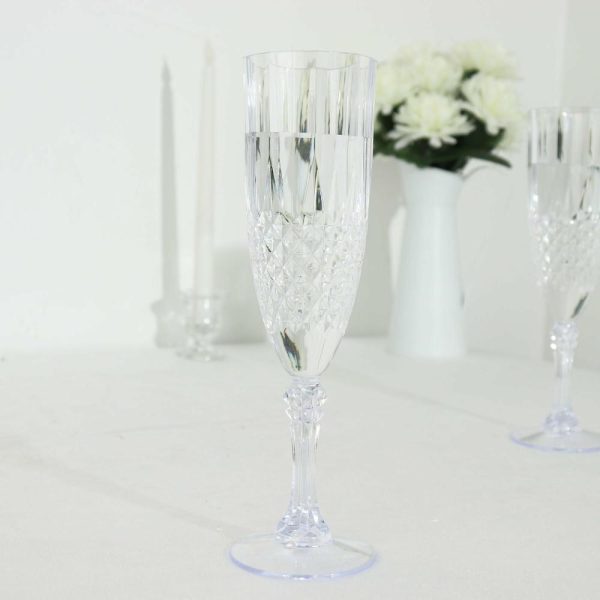 Disposable Flutes / Glasses / Cups |  6 Pack 8oz Clear Crystal Cut Reusable Plastic Wedding Flute Glasses, Shatterproof Champagne Toast Glasses