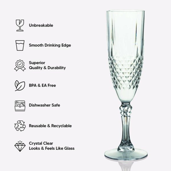 Disposable Flutes / Glasses / Cups |  6 Pack 8oz Clear Crystal Cut Reusable Plastic Wedding Flute Glasses, Shatterproof Champagne Toast Glasses