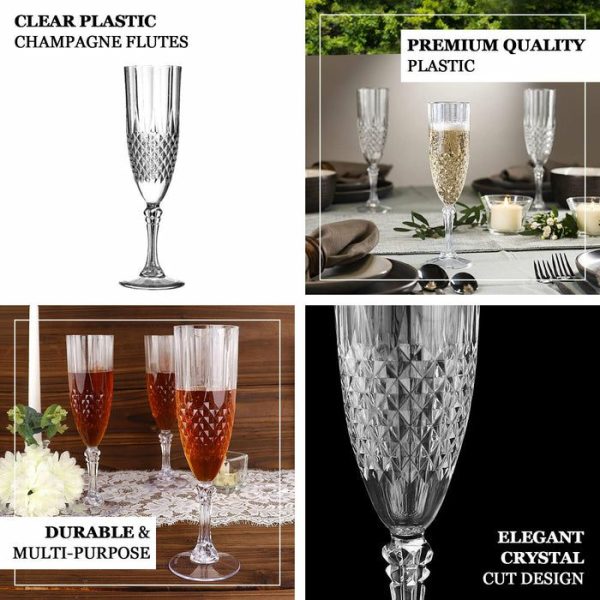 Disposable Flutes / Glasses / Cups |  6 Pack 8oz Clear Crystal Cut Reusable Plastic Wedding Flute Glasses, Shatterproof Champagne Toast Glasses