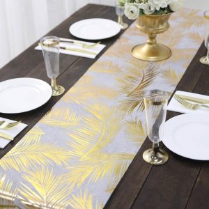 Disposable Runners & Napkins |  108″ Metallic Gold Palm Leaves Non-Woven Foil Table Runner