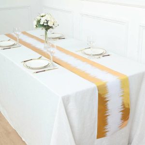 Disposable Runners & Napkins |  108″ Metallic Gold White Icicle Print Non-Woven Foil Table Runner