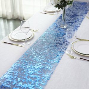 Disposable Runners & Napkins |  108″ Sparkly Metallic Royal Blue Foil Thin Mesh Polyester Table Runner – 25GSM