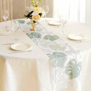 Disposable Runners & Napkins |  11″x108″ White Green Non-Woven Monstera Palm Leaves Print Table Runner, Spring Summer Kitchen Dining Table Decoration