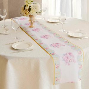 Disposable Runners & Napkins |  11″x108″ White Pink Non-Woven Peony Floral Table Runner with Gold Edges, Spring Summer Kitchen Dining Table Decoration