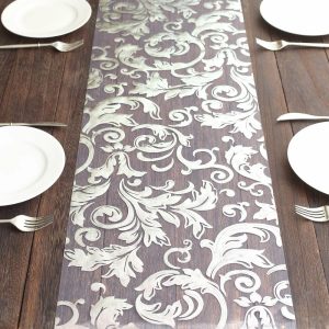 Disposable Runners & Napkins |  12″x108″ Metallic Silver Sheer Organza Table Runner with Swirl Foil Flower Design