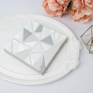 Disposable Runners & Napkins |  20 Pack 2 Ply Soft Geometric Silver Foil Paper Dinner Napkins, Modern Wedding Cocktail Beverage Napkins