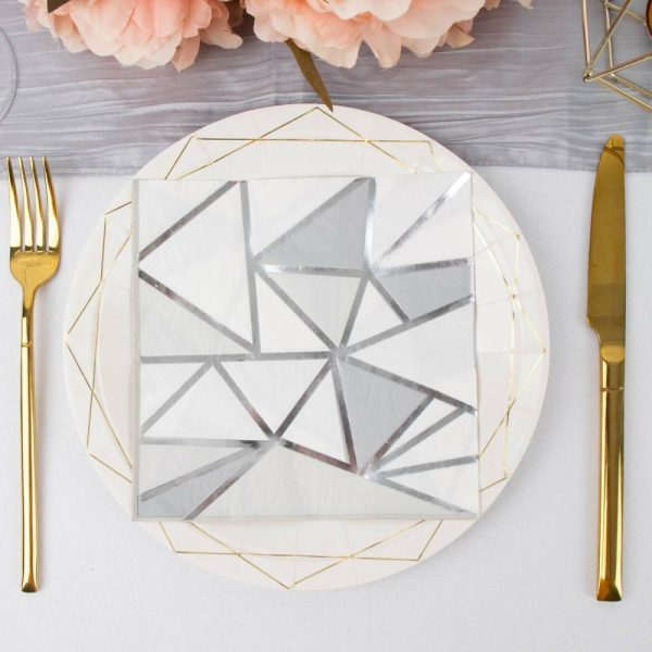 Disposable Runners & Napkins |  20 Pack 2 Ply Soft Geometric Silver Foil Paper Dinner Napkins, Modern Wedding Cocktail Beverage Napkins