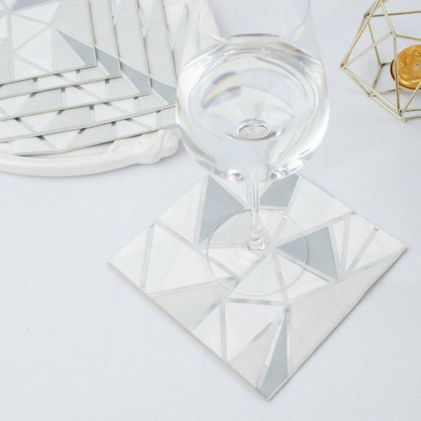 Disposable Runners & Napkins |  20 Pack 2 Ply Soft Geometric Silver Foil Paper Dinner Napkins, Modern Wedding Cocktail Beverage Napkins