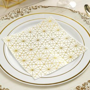 Disposable Runners & Napkins |  20 Pack 3 Ply Metallic Gold Geometric Design Paper Dinner Napkins Wedding Cocktail Napkins