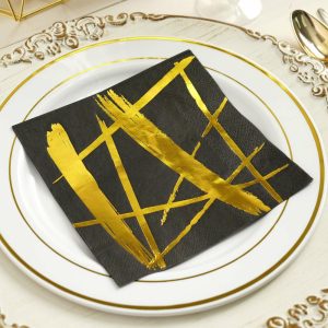 Disposable Runners & Napkins |  20 Pack 3 Ply Metallic Gold Streak Design Black Paper Dinner Napkins, Wedding Cocktail Napkins