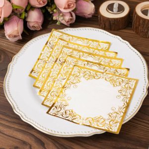 Disposable Runners & Napkins |  20 Pack White 3 Ply Premium Paper Cocktail Napkins with Gold Foil Lace, Soft European Style Wedding Beverage Napkins – 18 GSM