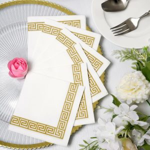 Disposable Runners & Napkins |  20 Pack White Soft Linen-Like Airlaid Paper Cocktail Napkins With Gold Greek Key Design – 5″x5″