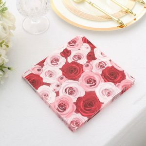 Disposable Runners & Napkins |  50 Pack 2 Ply Soft Red Pink Rose Design Paper Cocktail Napkins, Garden Floral Wedding Beverage Napkins – 18 GSM