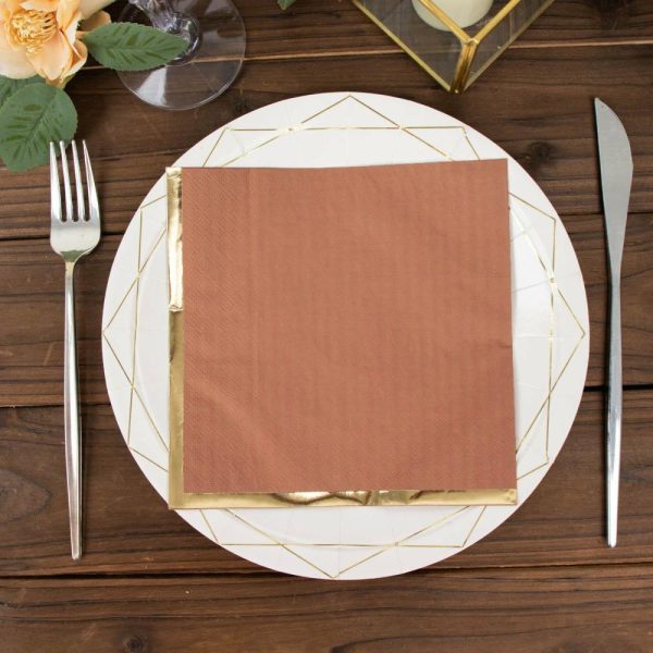 Disposable Runners & Napkins |  50 Pack Terracotta (Rust) Soft 2 Ply Disposable Cocktail Napkins with Gold Foil Edge, Paper Beverage Napkins – 6.5″x6.5″