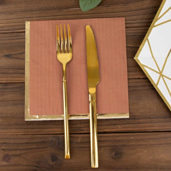 Disposable Runners & Napkins |  50 Pack Terracotta (Rust) Soft 2 Ply Disposable Cocktail Napkins with Gold Foil Edge, Paper Beverage Napkins – 6.5″x6.5″