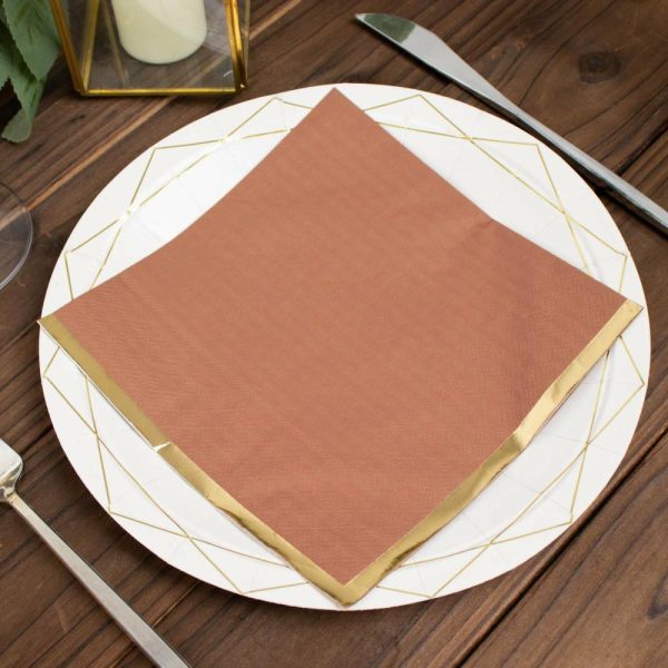 Disposable Runners & Napkins |  50 Pack Terracotta (Rust) Soft 2 Ply Disposable Cocktail Napkins with Gold Foil Edge, Paper Beverage Napkins – 6.5″x6.5″