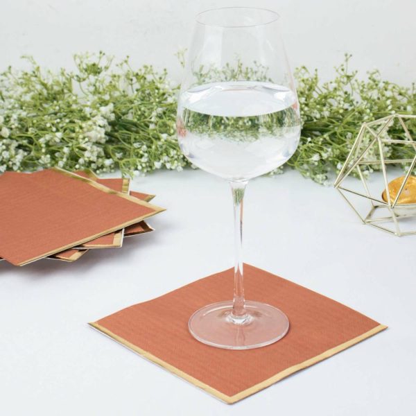 Disposable Runners & Napkins |  50 Pack Terracotta (Rust) Soft 2 Ply Disposable Cocktail Napkins with Gold Foil Edge, Paper Beverage Napkins – 6.5″x6.5″