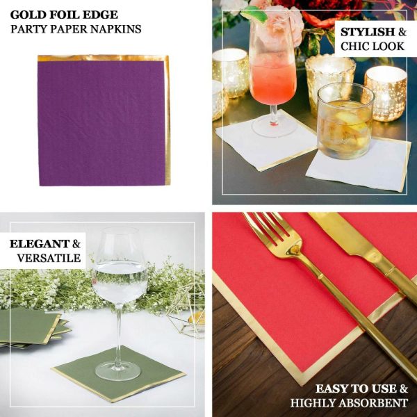 Disposable Runners & Napkins |  50 Pack Terracotta (Rust) Soft 2 Ply Disposable Cocktail Napkins with Gold Foil Edge, Paper Beverage Napkins – 6.5″x6.5″