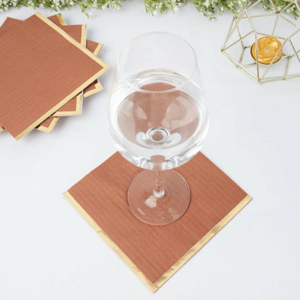 Disposable Runners & Napkins |  50 Pack Terracotta (Rust) Soft 2 Ply Disposable Cocktail Napkins with Gold Foil Edge, Paper Beverage Napkins – 6.5″x6.5″