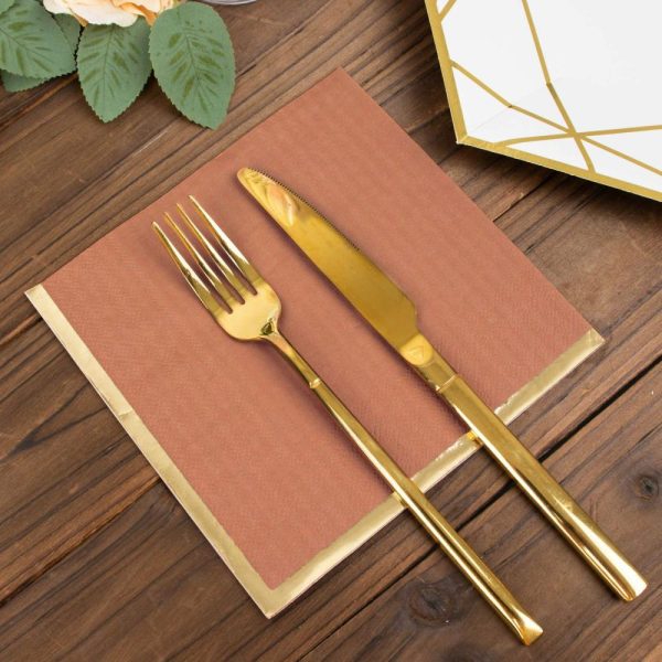 Disposable Runners & Napkins |  50 Pack Terracotta (Rust) Soft 2 Ply Disposable Cocktail Napkins with Gold Foil Edge, Paper Beverage Napkins – 6.5″x6.5″