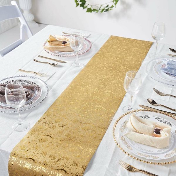 Disposable Runners & Napkins |  9ft Gold Glamorous Vintage Floral Table Runner, Disposable Paper Table Runner