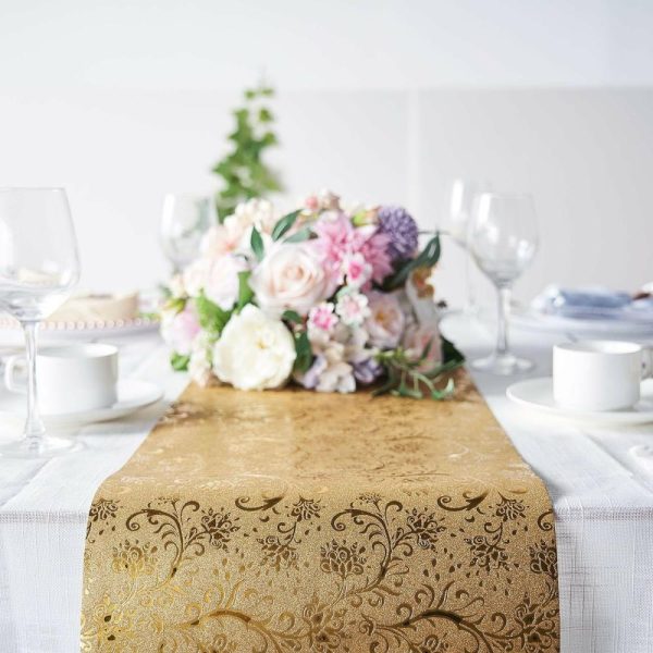 Disposable Runners & Napkins |  9ft Gold Glamorous Vintage Floral Table Runner, Disposable Paper Table Runner