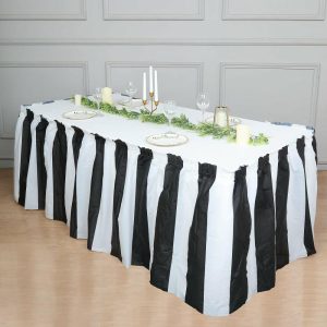 Disposable Tablecloth Collection |  14ft 10 Mil White Black Stripe Plastic Table Skirt, Disposable Table Skirt Spill Proof