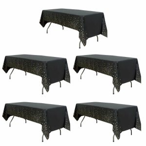 Disposable Tablecloth Collection |  5 Pack Black Rectangle Plastic Table Covers with Gold Stars, 54″x108″ PVC Waterproof Disposable Tablecloths