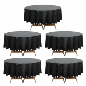 Disposable Tablecloth Collection |  5 Pack Black Round Plastic Table Covers, 84″ PVC Waterproof Disposable Tablecloths