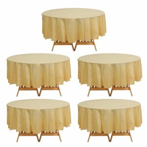 Disposable Tablecloth Collection |  5 Pack Gold Round Plastic Table Covers, 84″ PVC Waterproof Disposable Tablecloths