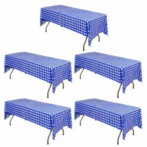 Disposable Tablecloth Collection |  5 Pack Royal Blue Checkered Rectangle Plastic Table Covers, 54″x108″ PVC Waterproof Disposable Tablecloths