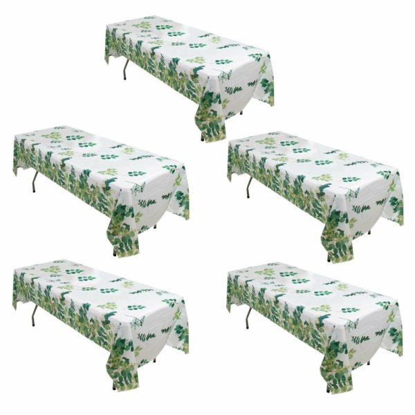 Disposable Tablecloth Collection |  5 Pack White Green Rectangle Plastic Table Covers with Eucalyptus Leaves Print, 54″x108″ PVC Waterproof Disposable Tablecloths