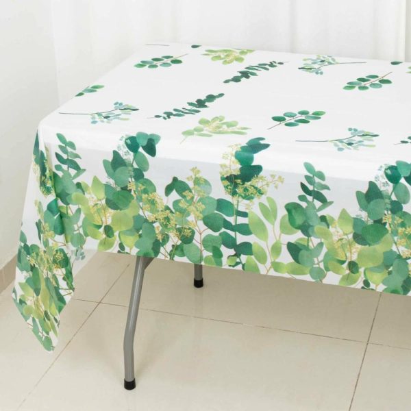 Disposable Tablecloth Collection |  5 Pack White Green Rectangle Plastic Table Covers with Eucalyptus Leaves Print, 54″x108″ PVC Waterproof Disposable Tablecloths