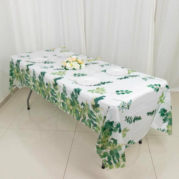 Disposable Tablecloth Collection |  5 Pack White Green Rectangle Plastic Table Covers with Eucalyptus Leaves Print, 54″x108″ PVC Waterproof Disposable Tablecloths