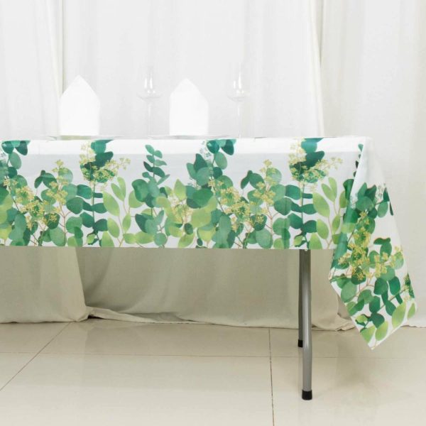 Disposable Tablecloth Collection |  5 Pack White Green Rectangle Plastic Table Covers with Eucalyptus Leaves Print, 54″x108″ PVC Waterproof Disposable Tablecloths