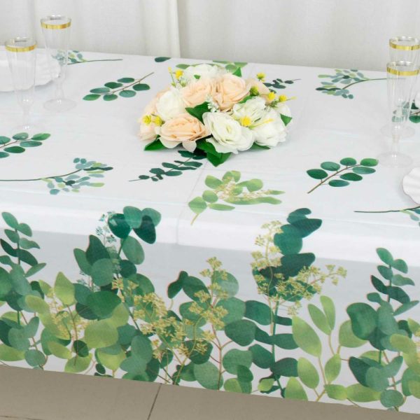 Disposable Tablecloth Collection |  5 Pack White Green Rectangle Plastic Table Covers with Eucalyptus Leaves Print, 54″x108″ PVC Waterproof Disposable Tablecloths