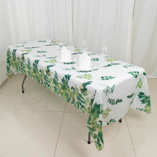 Disposable Tablecloth Collection |  5 Pack White Green Rectangle Plastic Table Covers with Eucalyptus Leaves Print, 54″x108″ PVC Waterproof Disposable Tablecloths